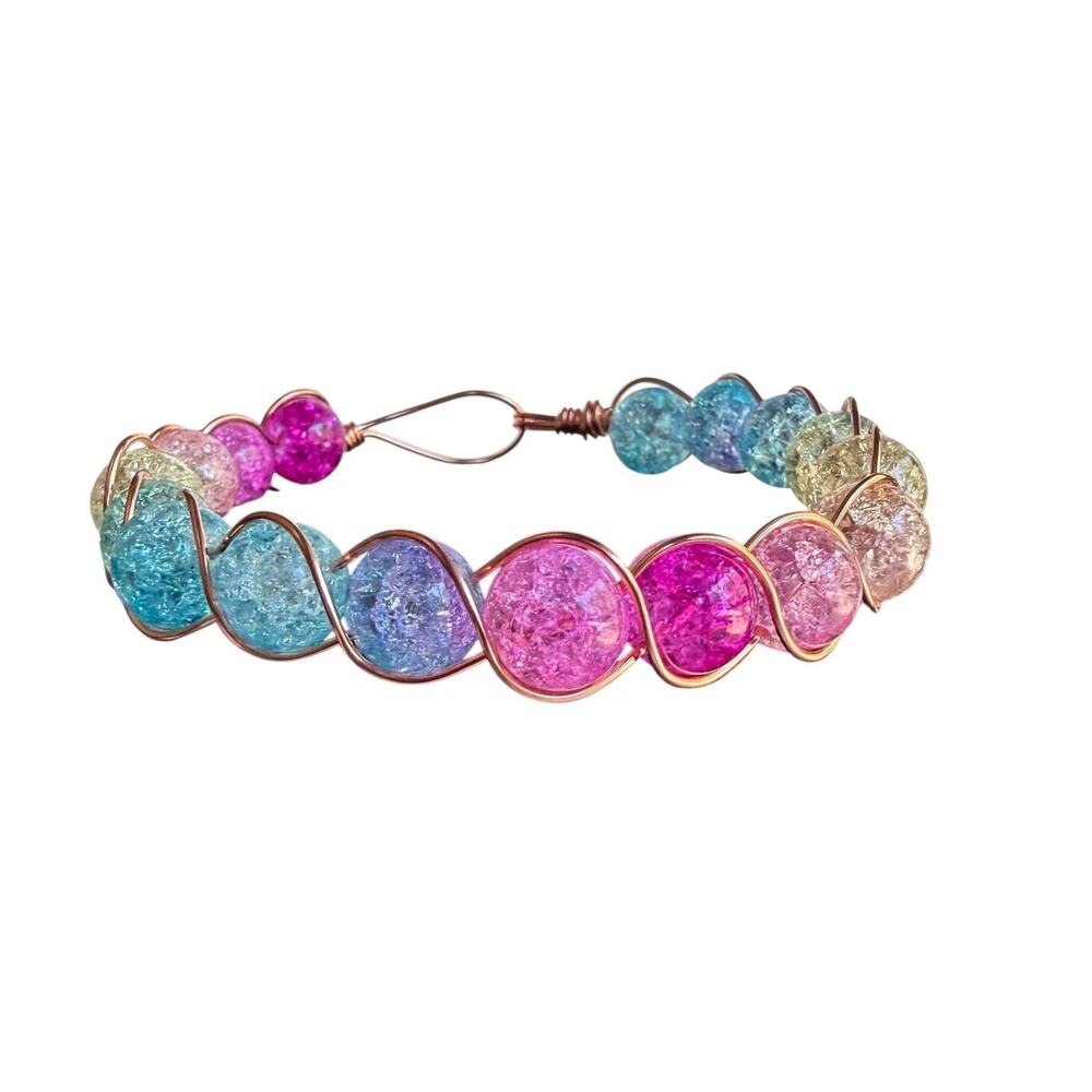 Chunky ombre rainbow cracked glass bracelet braided wire wrap, copper